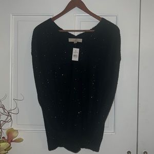 🎄LOFT Black w/Black Sequin & Shimmer Boucle V-Neck Sweater Sz Medium~NWT!🎄